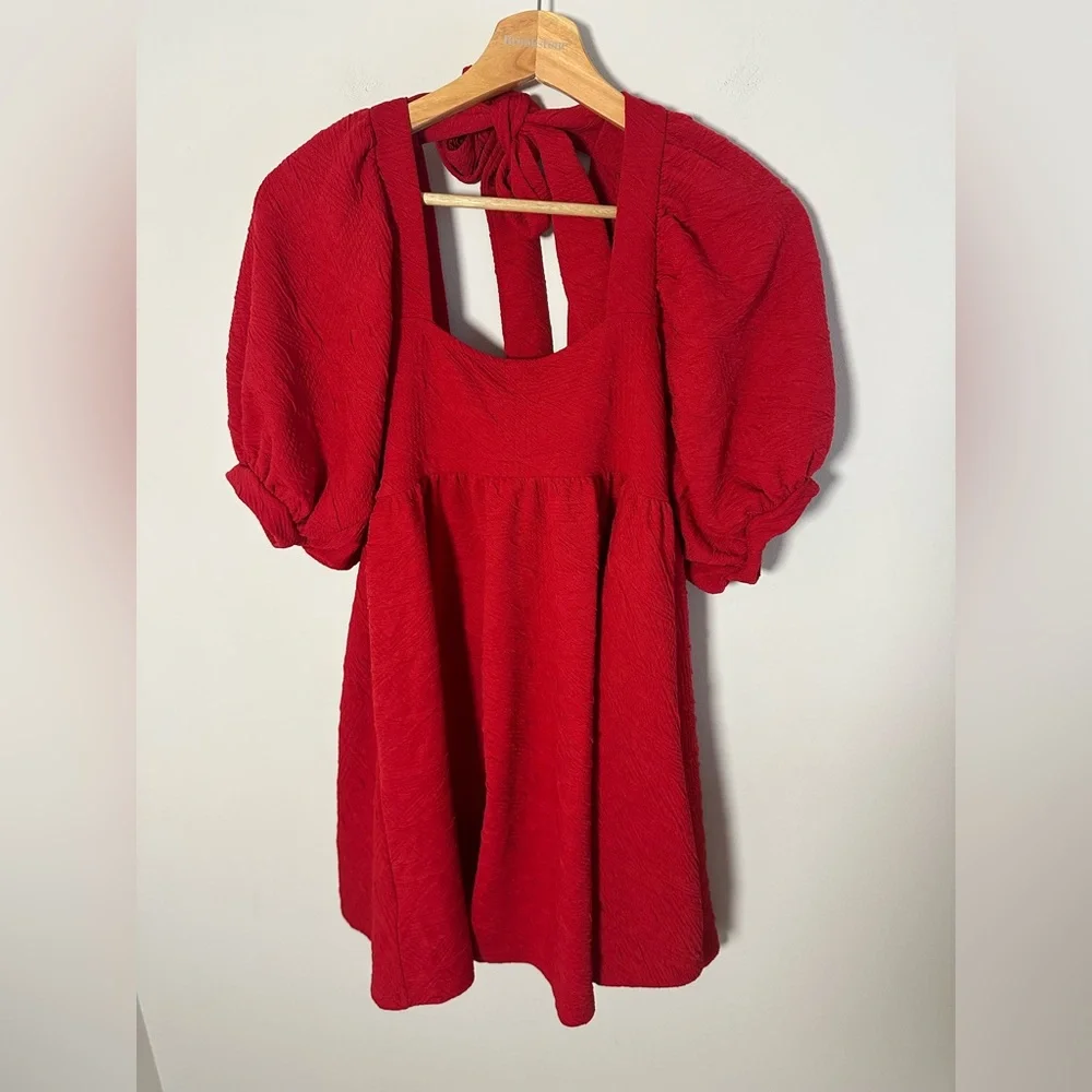 Free People red violet baby doll puff sleeve mini‎ dress size S coquette girl